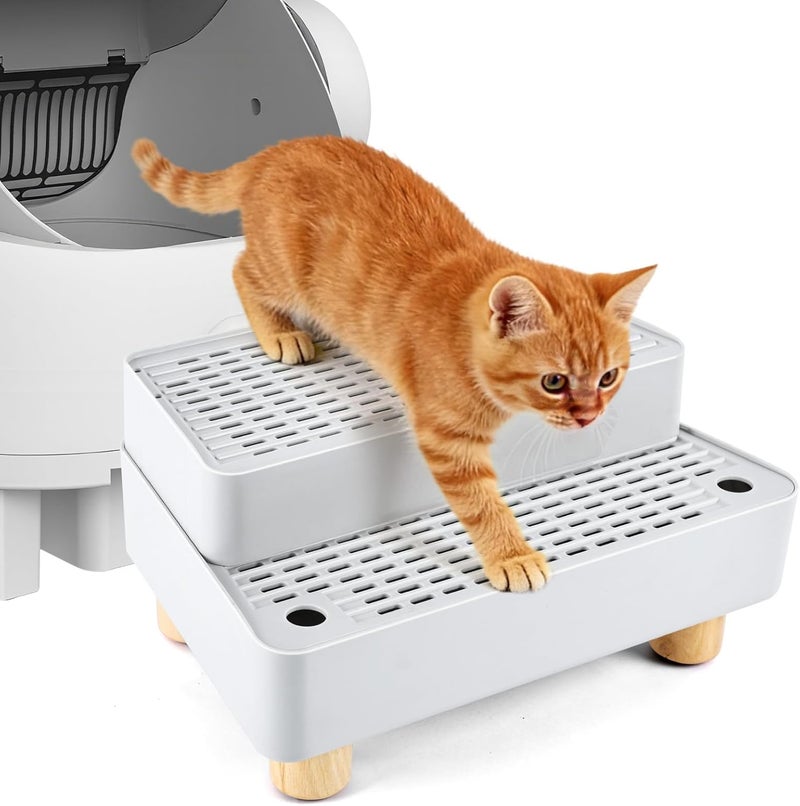 Himake Adjustable 2 Steps Litter Box Ramp, Cat Litter Catcher Mat with Wooden Feet, Filter Function, Litter Box Step for Small & Elderly Cats, Fits Automatic Litter Boxes (Light Grey) - Image 1